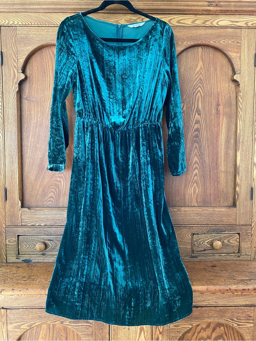BB Dakota green crushed velvet midi dress long sleeve elastic waist M 6 8